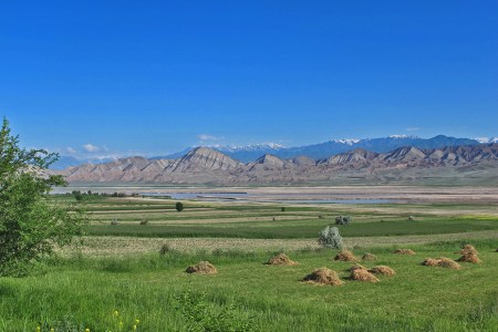 KIRGUISTAN 145 (DE ARSLANBOB A SUUSAMYR) EL LAGO DE TOKTOGUL, CON EL DELTA FORMADA POR EL RIO NARYN