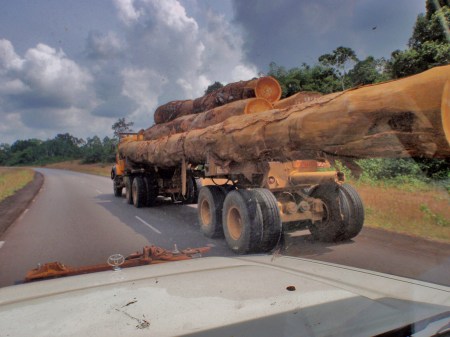 CAMERUN 236. POR EL DEPARTAMENTO DEL OCEANO. (LA CIUDAD DE KRIBI) COGEMOS LA CARRETERA NACIONAL N-17 HACIA LA FRONTREA GABONESA, ACONPAÑANDO POR LOS OMNIPRESENTES CAMIONES MADEDEROS